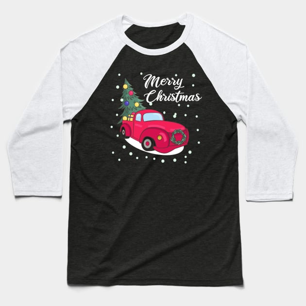 Merry Christmas Retro Vintage Red Truck Baseball T-Shirt by Kimko